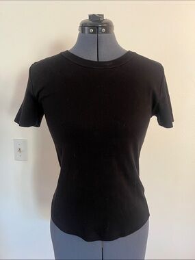 Veronica Beard Black Ribbed Short Sleeve Crewneck Tee